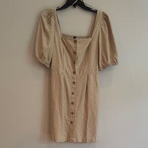 Elegant Linen Beige Puff Sleeve Dress